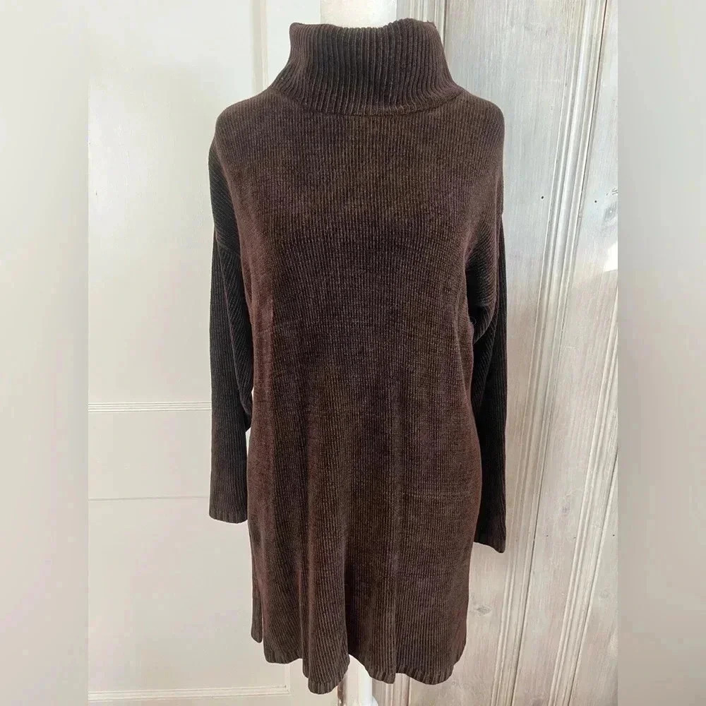 VTG 90s BLOOMINGDALES Brown tunic chenille pull over Turtleneck|S old money